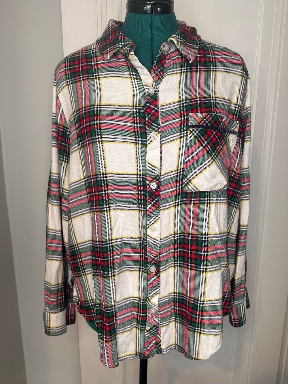 aerie White Plaid Button-Up sleep pajama Shirt with Red & Green Stripes